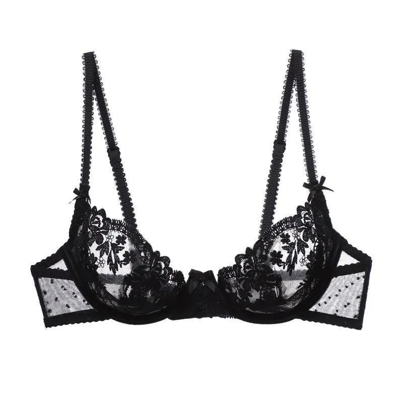 Sexy French Style Ultra Thin Lace Bra For Women Transparent Floral Embroidery Underwired Minimizer Bralette Plus Size Lingerie
