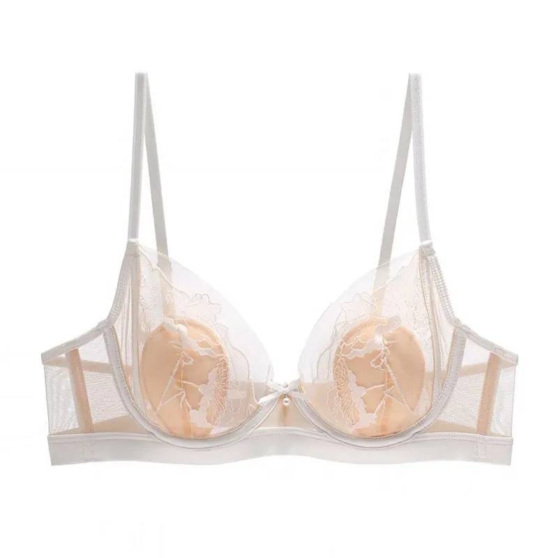 French Sexy Lace Embroidery Bra For Women Mesh Ultra-Thin Support Breathable Underwired Contrast Color Lingerie Bra