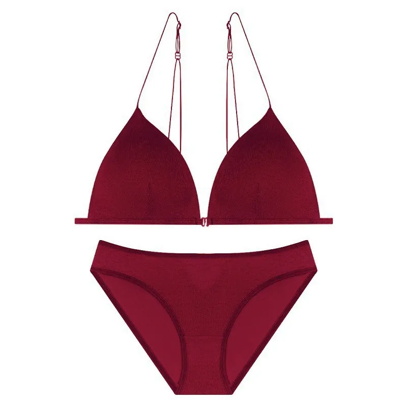 French Style Seamless Bra And Panties Front Closure Thin Straps Push Up Triangle Cup Polyamide Ribbed Lingerie Underwear