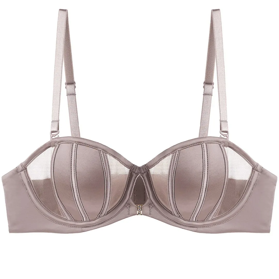 French Style Satin Sexy Bra For Women 1/2 Cup Underwire Minimizer Lingerie Thin Seamless Strapless Mesh Stitching Bra Top