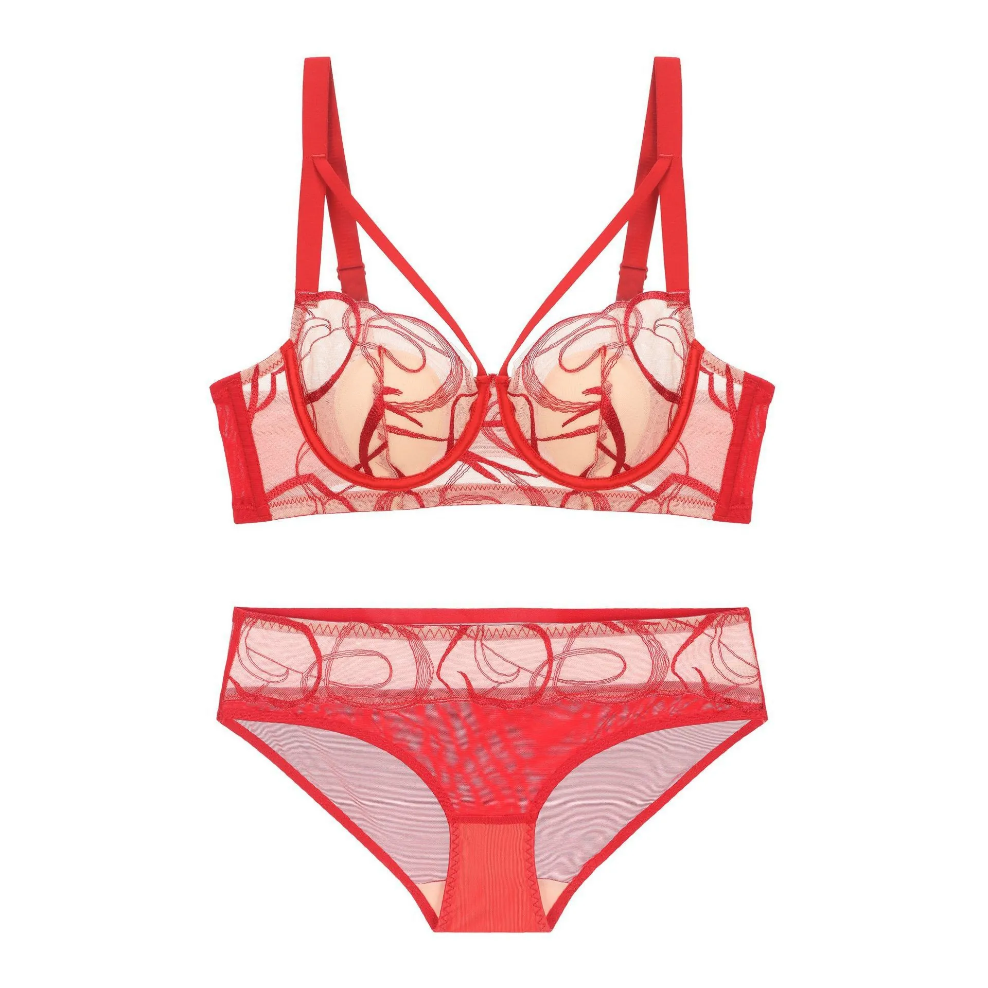 Französisch Elegante Blumen Bestickte Spitze BH Top Und Bottom Sexy Durchsichtiges Netzgewebe Unterbügel Dünne Cup Damen Lingerie