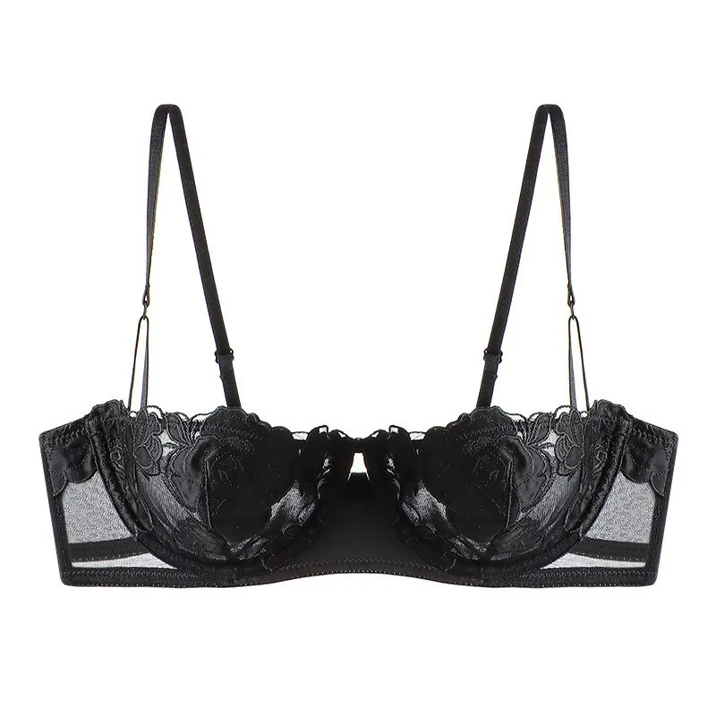 French Style Lace Bra Rose Embroidery Women Underwire 1/2 Cup Ultra-Thin Sheer Mesh Breathable Push-Up Sexy Lingerie