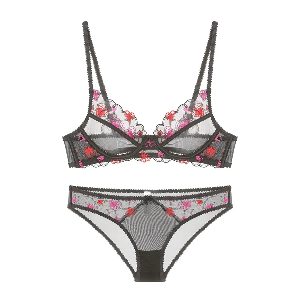 Ensemble de Lingerie Sexy Français Brodé de Cœurs Dentelle avec Armatures Soutien-Gorge et Culotte Résille Minimiseur Ultra-fin Femme