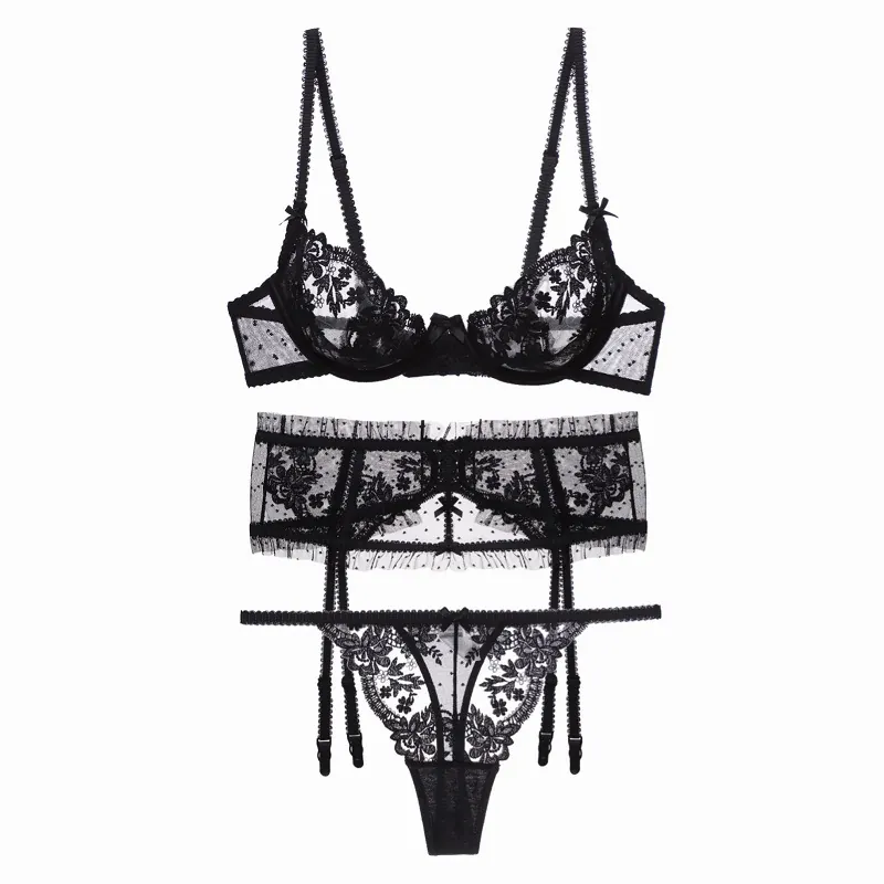 Lingerie Sexy Francese in Pizzo per Donna Reggiseno Reggicalze E Perizoma Trasparente Ricamo Floreale Intimo Con Ferretto