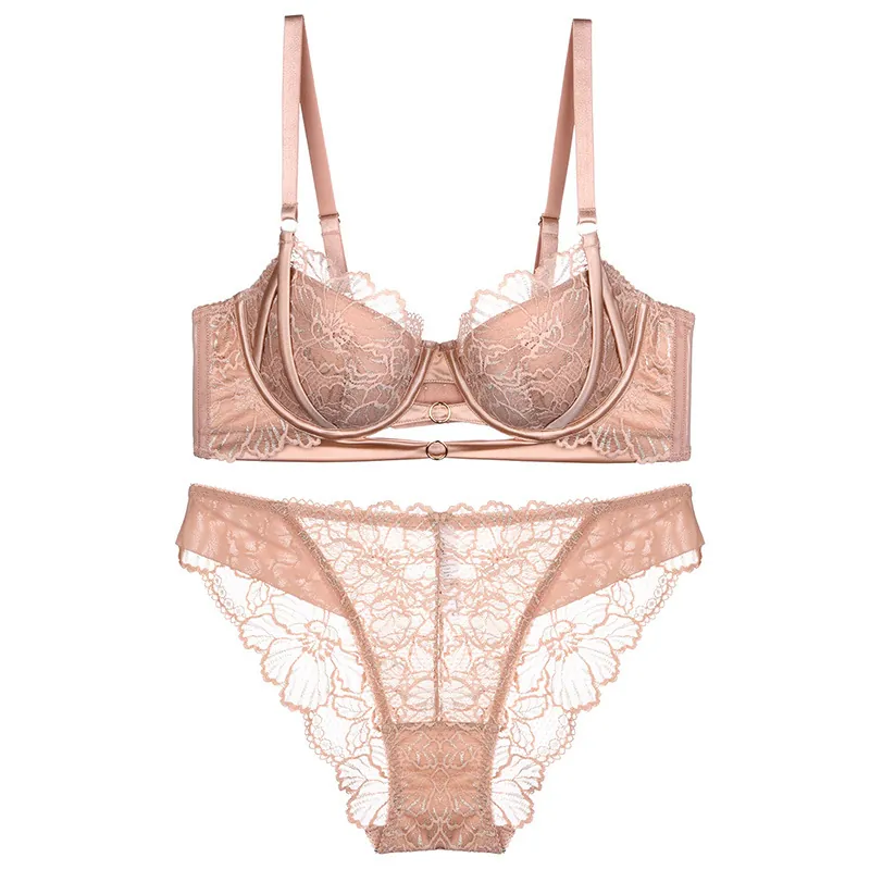 Women Sexy French Style Hollow Out Floral Lace Bra And Panty Underwire Support Metal Ring Decor Breathable Lingerie