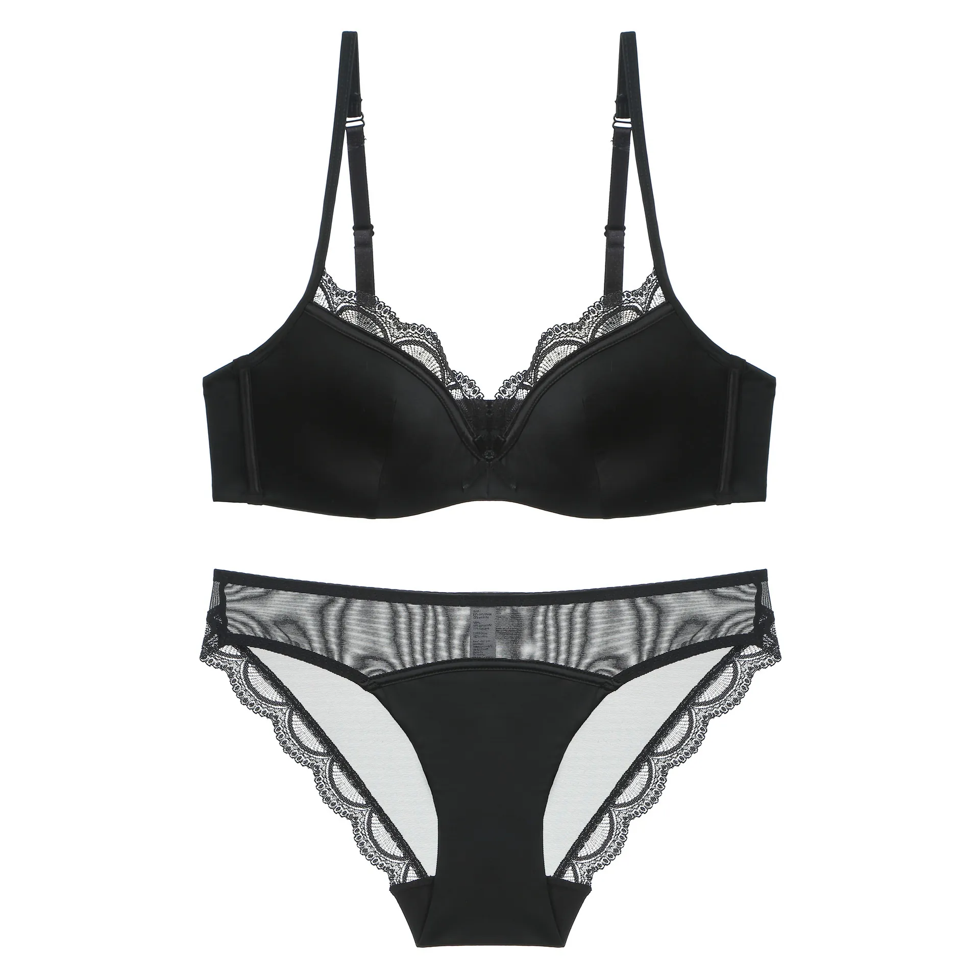 French Style Glossy Satin Lace Bra And Panties For Women Sexy Breathable Push Up Lingerie Underwear For Summer