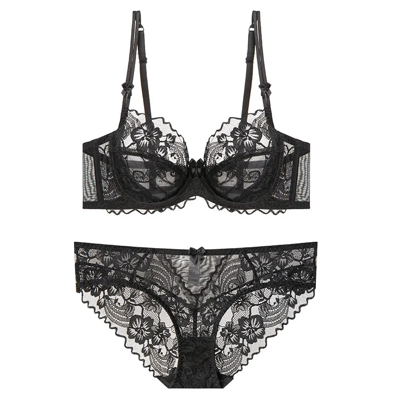 Lingerie Sexy en Dentelle pour Femmes Soutien-Gorge et Culotte Floral Ultra Mince Transparent à Armature Style Français Sous-Vêtements