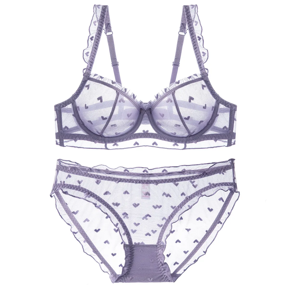 Ensemble Lingerie en Dentelle Ultra-mince Style Français Sexy Soutien-gorge et Culotte en Maille Brodée de Cœur Soutien-gorge Minimiseur pour Femme