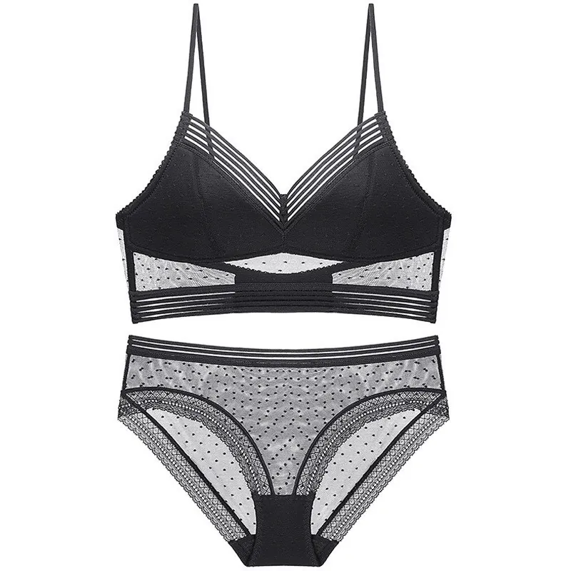French Sexy Lace Mesh Polka Dot Bra And Panty Thin Wireless U Backless Lingerie For Women Breathable Comfortable Underwear