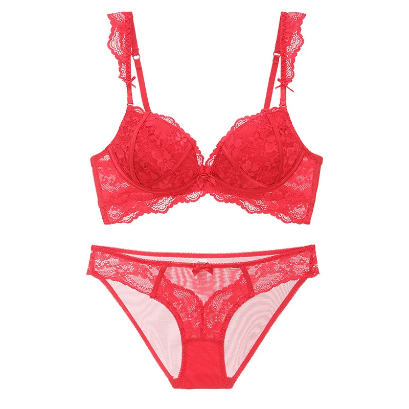 Ensemble Soutien-Gorge Et Culotte En Dentelle Sexy Français Pour Femmes Push Up Respirant Confortable Nylon Élasthanne Sous-Vêtements Top And Bottom Lingerie