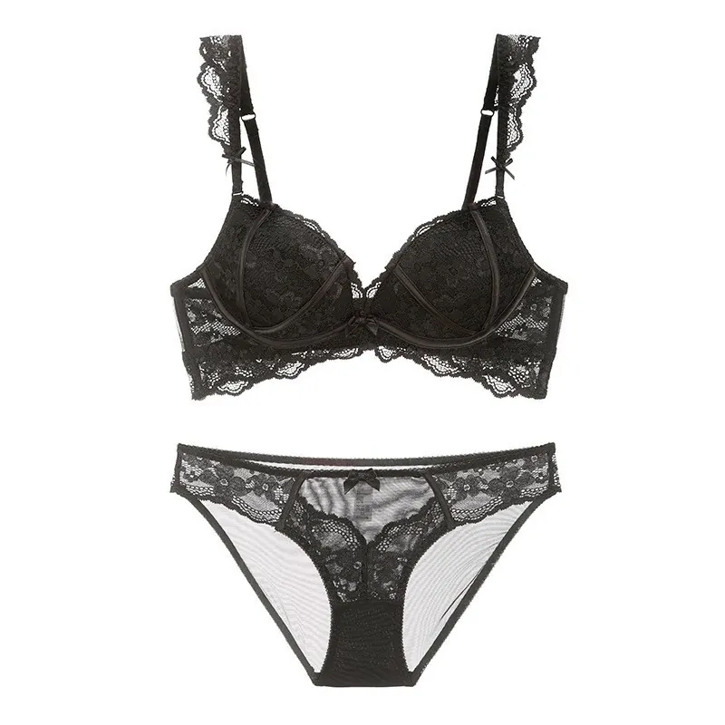 Franse Stijl Draadloos Kant Lingerie Set Bloemen Borduurwerk Push Up Beha En Slipje Vrouwen Ondergoed Set