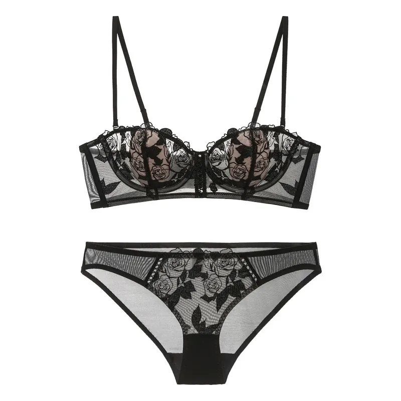 French Sexy Lingerie For Women Flower Embroidery Lace Bra Top And Bottom Mesh Underwired Thin Cup Minimizer Bra Lingerie Set