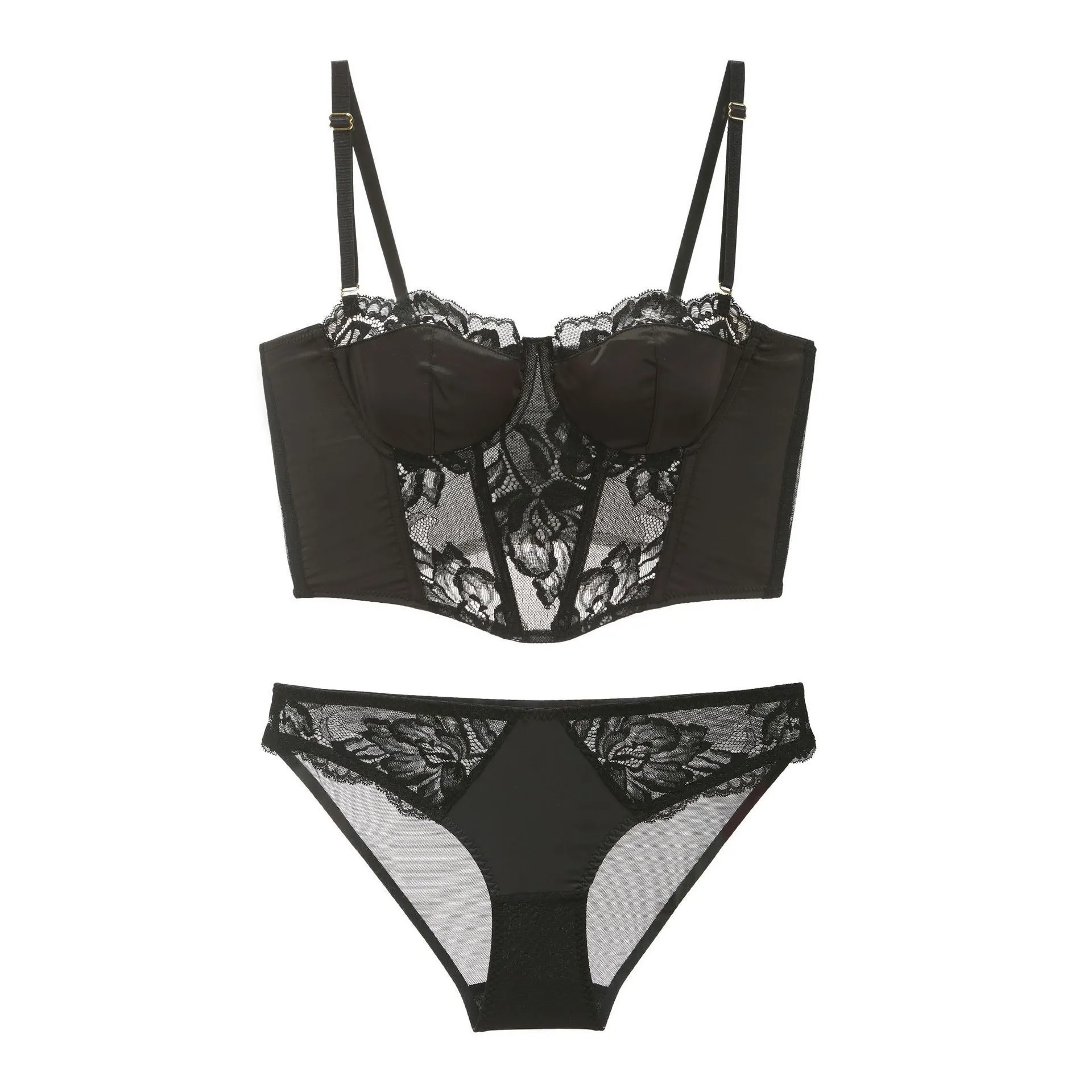 French Satin Lace Patchwork Bustier Lingerie For Women Sexy Boning Push Up Bra And Panties Luxury Lingerie