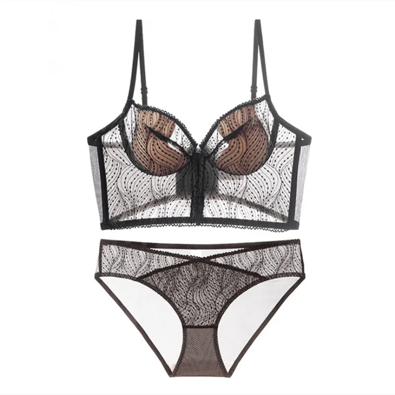 Lingerie en Dentelle Brodée Française Soutien-Gorge Et Culotte Armature Souple Remontant Sous-Vêtements Sexy Respirant Maille Haut Bas
