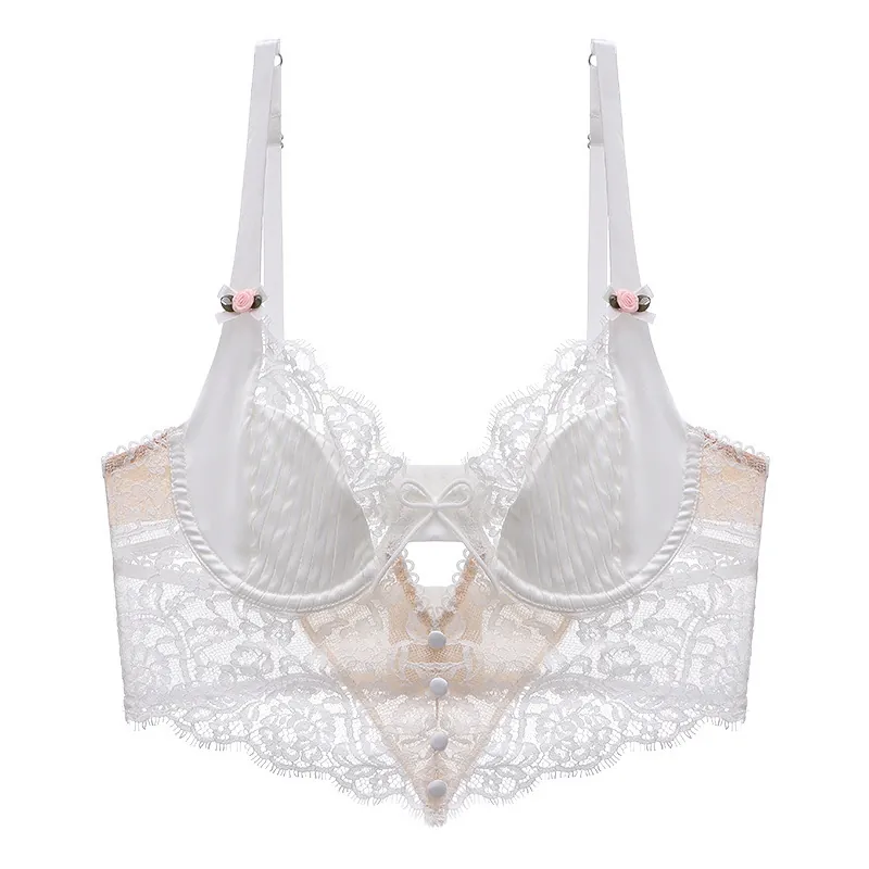 French Sexy Hollow Lace Bra Women Ultra-thin Eyelashes Bralette Push Up Beautiful Back Lingerie Satin Pleated Bow Underwear