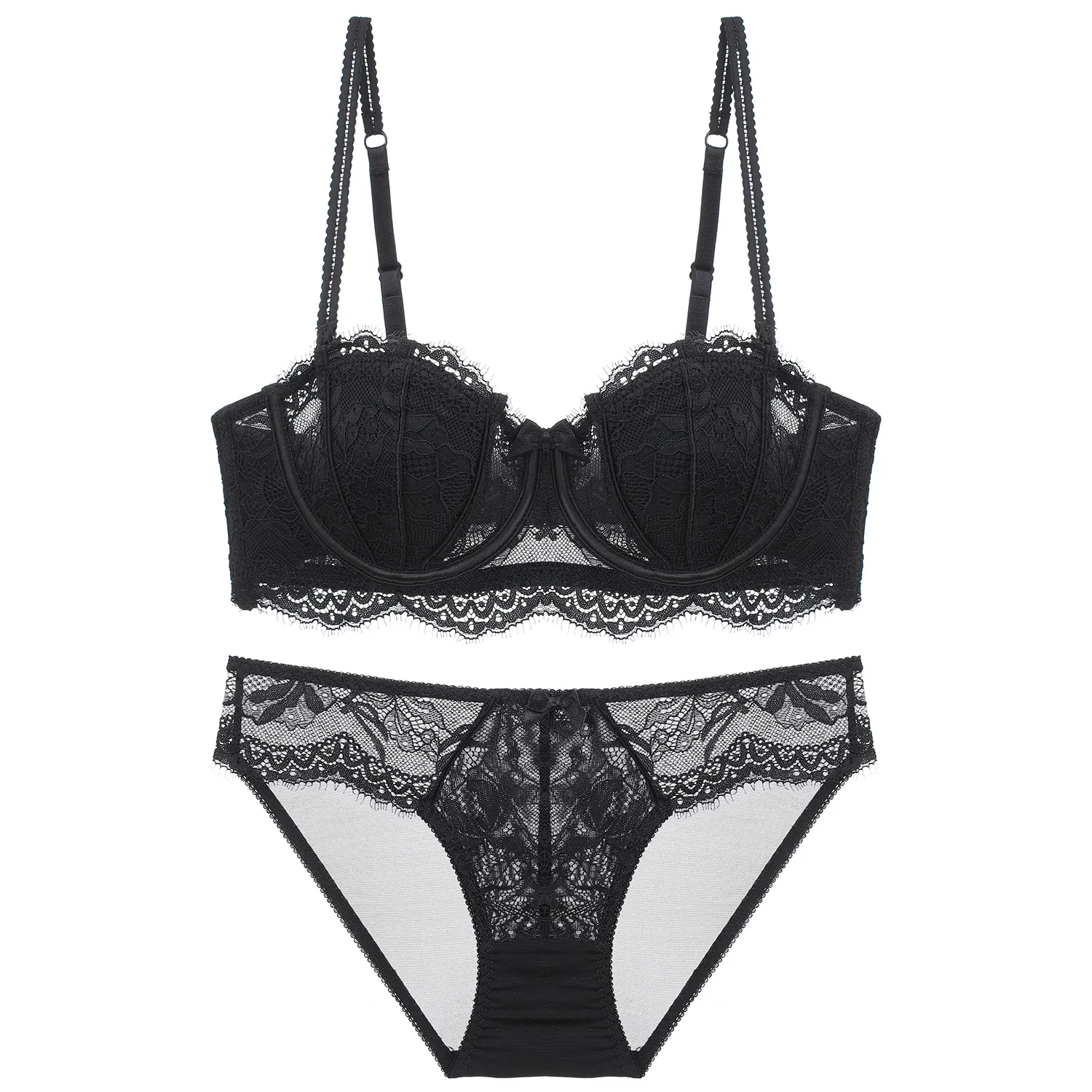 French Elegant Nylon Spandex Floral Lace Bra And Panty For Women Lingerie Underwire 1/2 Cup Underwear With Bow Decor