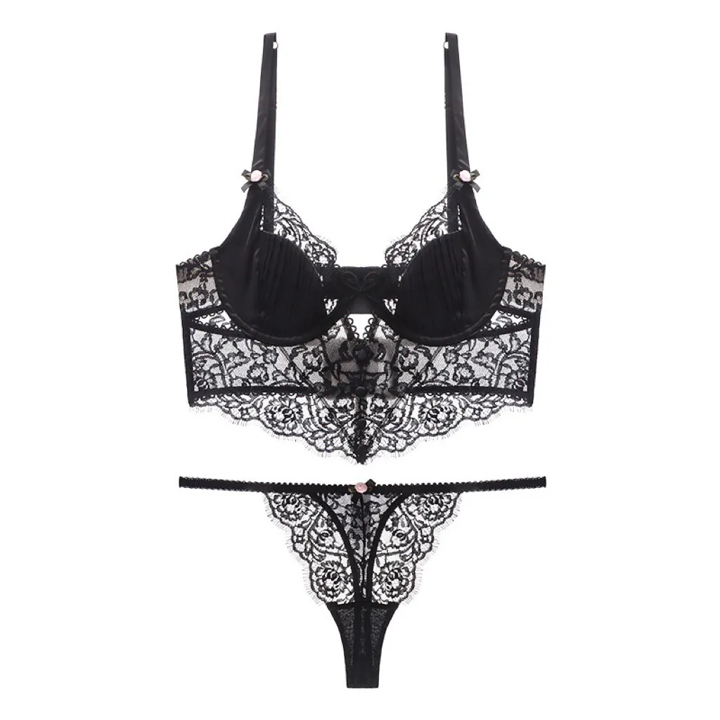 French Sexy Lace Lingerie Set For Women Underwire Bustier Bra And Mesh Thong Briefs Elegant Floral Lingerie Top And Bottom