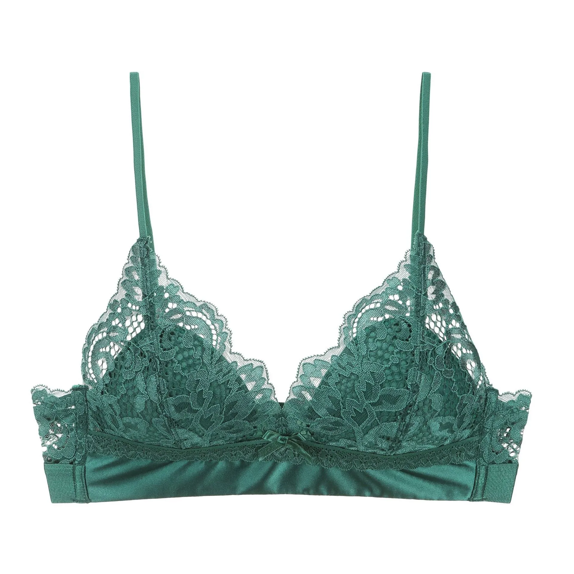 Bralette da Donna Sexy in Pizzo Floreale Francese Reggiseno Senza Ferretto Coppa a Triangolo Con Finiture in Raso Schiena Elegante