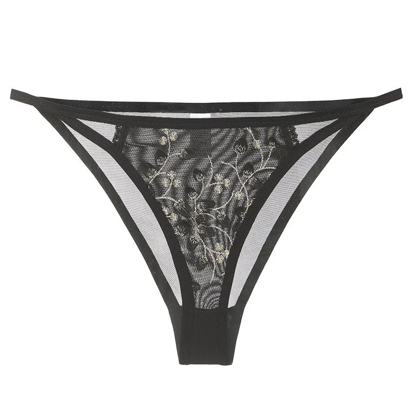 Women Sexy French Lace Embroidery Mesh Panties Low Waist Breathable Hollow Out Nylon Thong Briefs Floral Pattern Underwear