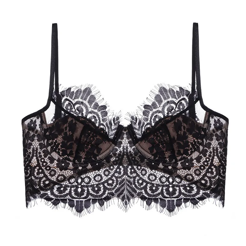 French Sexy Eyelash Lace Bra And Panty For Women Thin U-Shaped Backless Floral Embroidery Soft Underwire Lingerie Set