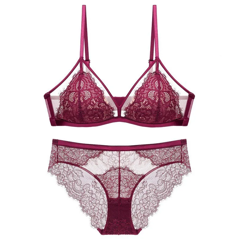 French Eyelash Lace Wireless Bra And Panties Floral Embroidery Breathable Lingerie For Women Sexy Comfort Underwear