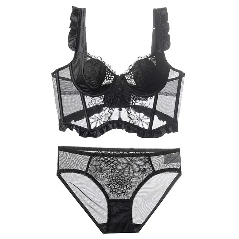 French Bustier Sexy Lace Patchwork Lingerie For Women Underwire Floral Embroidery Ruffle Top And Bottom Lingerie Nightwear