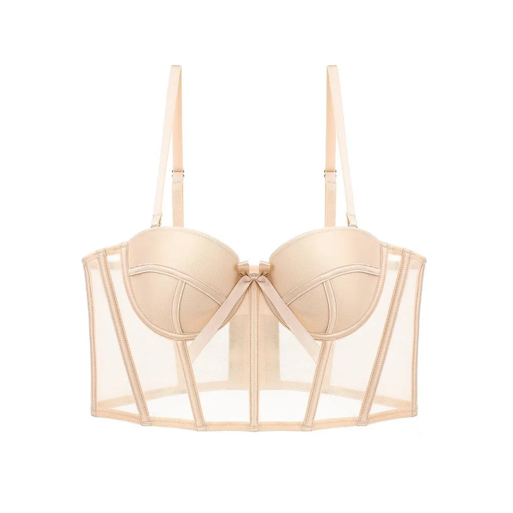 Women's French Sexy Bustier Bra With Soft Underwire Fishbone Support Mesh Push Up Longline Corset Bra For Dating Party