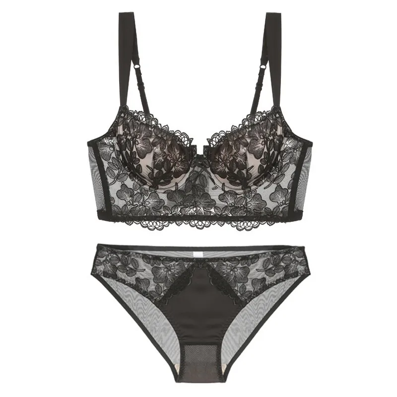 French Style Floral Embroidery Lace Push Up Bra And Panties Underwire Longline Breathable Elegant Support Lingerie For Women