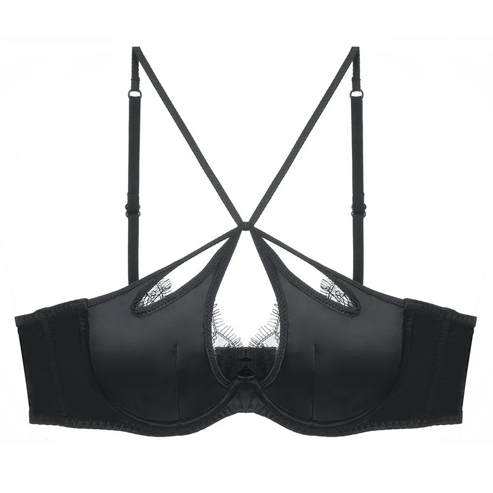 Soutien-gorge Sexy Français en Satin et Dentelle Fine pour Femmes Sangles Croisées Ajouré Dentelle de Cils Push Up Avec Armatures Lingerie