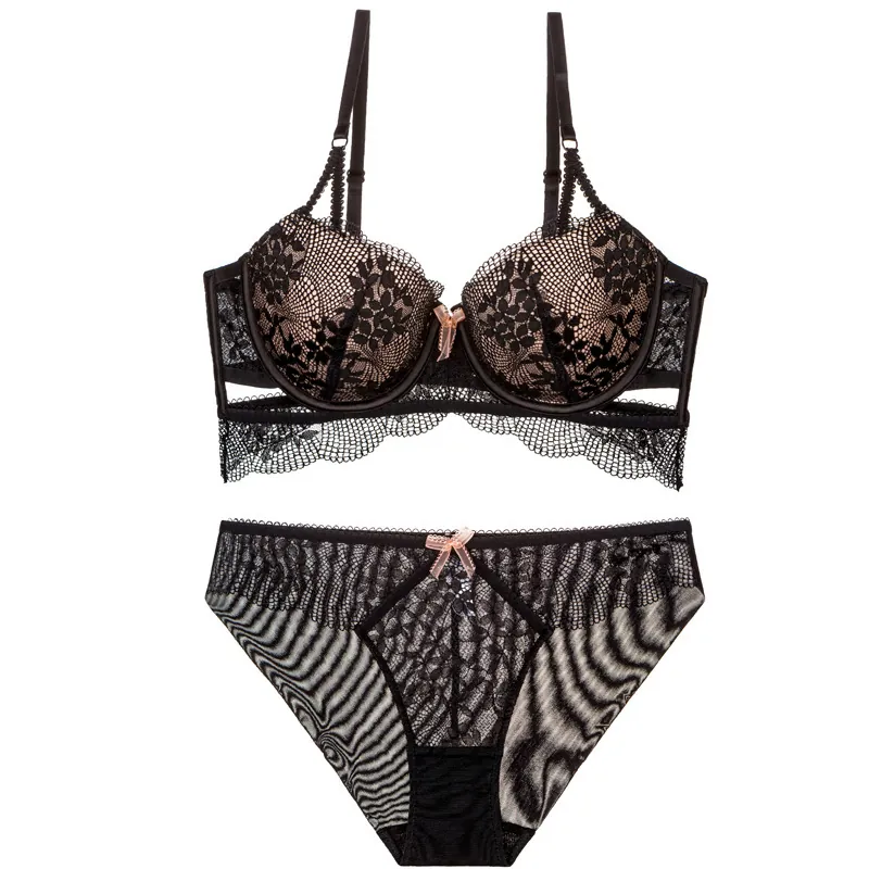 Women Sexy Floral Lace Bra And Panty Set Hollow Out Push Up Lingerie Set Nylon Spandex Underwear Top And Bottom For Women