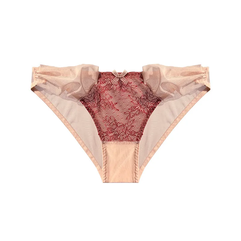 Culottes en Dentelle Sexy Française pour Femmes Ultra Minces Respirantes en Maille Transparentes avec Nœud Taille Basse Sous-vêtements