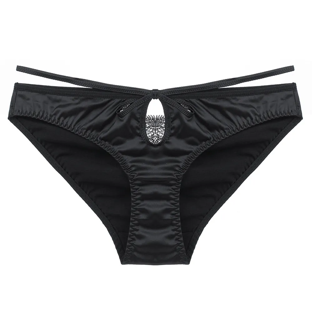 Culottes Sexy en Satin et Dentelle pour Femmes Taille Basse Coupe Évidée Slips Avec Nœud Lingerie Respirante Remonte-fesses