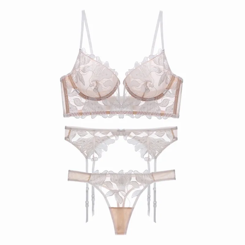 French Sexy Lace Embroidery Lingerie Ultra Thin Deep V Mesh Bra And Garter Belt And Thong Underwear For Women