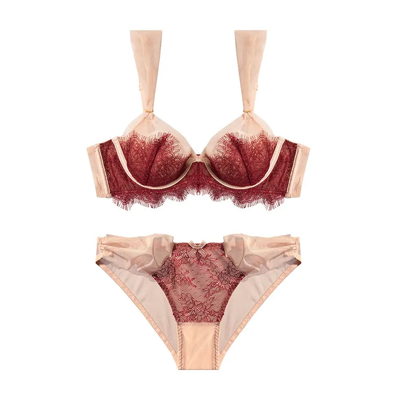 French Vintage Ultra Thin Lace Bra And Panty Wine Red Eyelash Lace Mesh Splicing Underwired Lingerie For Women