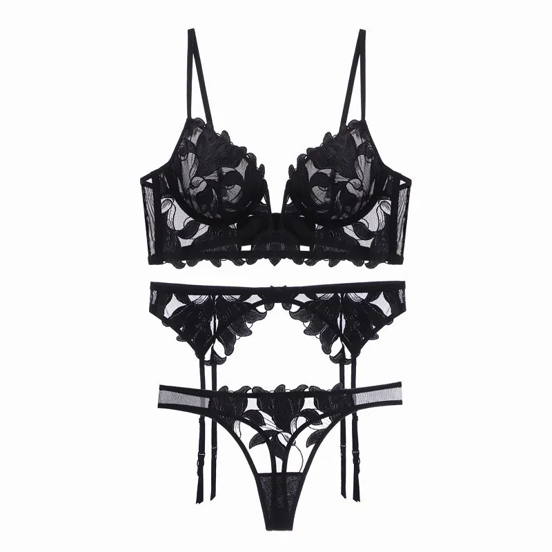 Women's French Embroidery Lace Lingerie 3-Piece Set Underwire Bra Garter Belt Thong Sexy See-Through Top And Bottom