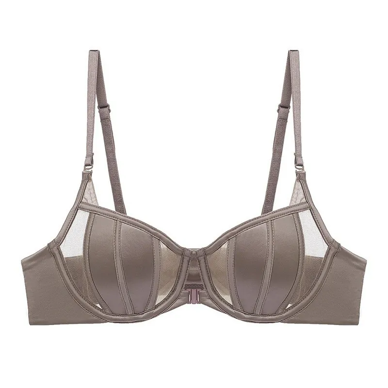 French Sexy Front Buckle Rabbit Ear Thin Mold Cup Bra For Women Glossy Satin Mesh Splicing Minimizer Bra Underwire Lingerie Underwear