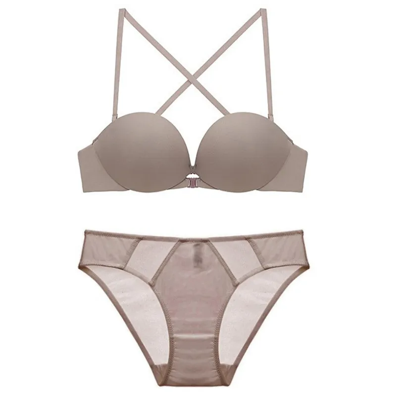 French Style Seamless Front Closure Bra And Panty Set Women Push Up Lingerie Set With Cross Back Detachable Straps Nylon