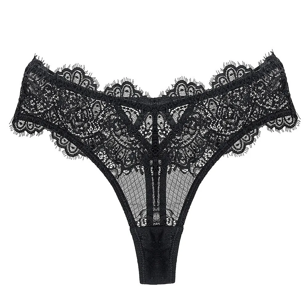Sexy Lace Thong For Women Floral Embroidery Low Waist Eyelash Lace T-Back Panties Breathable Hollow Out Lingerie Underwear