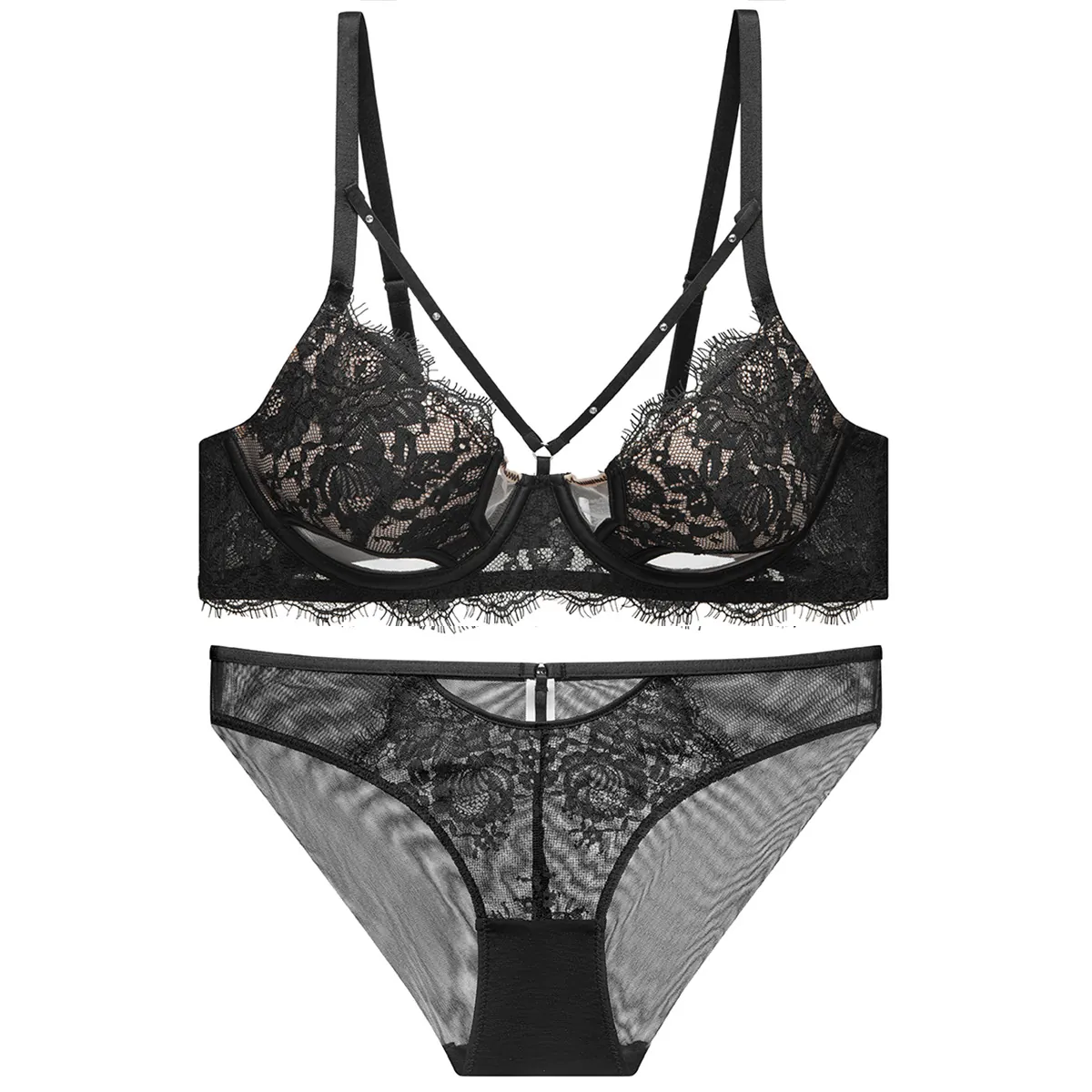 Französisch Sexy Spitze Lingerie BH Und Slip Oben Und Unten Ausschnitt Dünne Tasse Blumige Stickerei Mesh Unterwäsche Für Damen