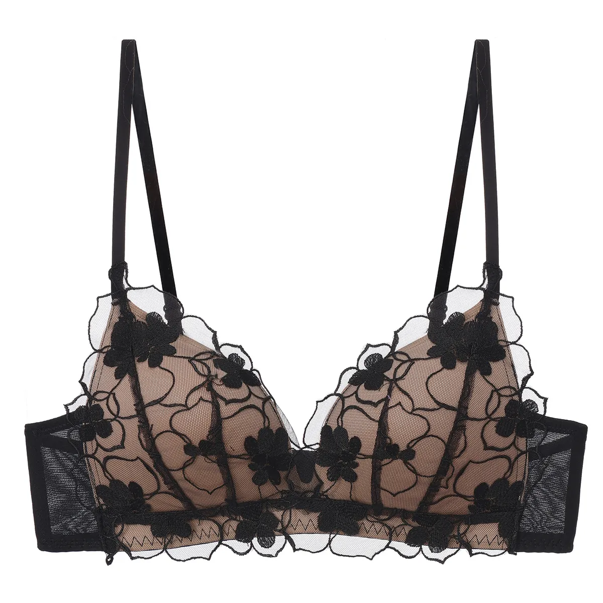 French Style Women Sexy Lace Bra Wireless Triangle Cup Floral Embroidery Crisscross Back Push Up Lingerie Breathable Underwear