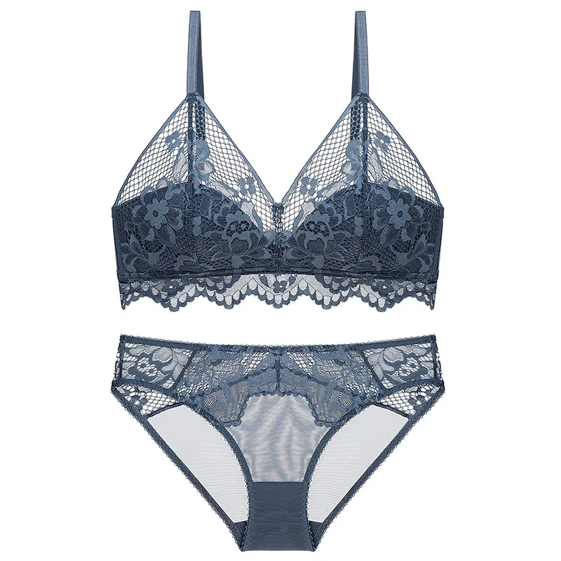 French Sexy Lace Bra And Panty Wireless Triangle Cup Minimizer Lingerie Floral Mesh Breathable Underwear For Women