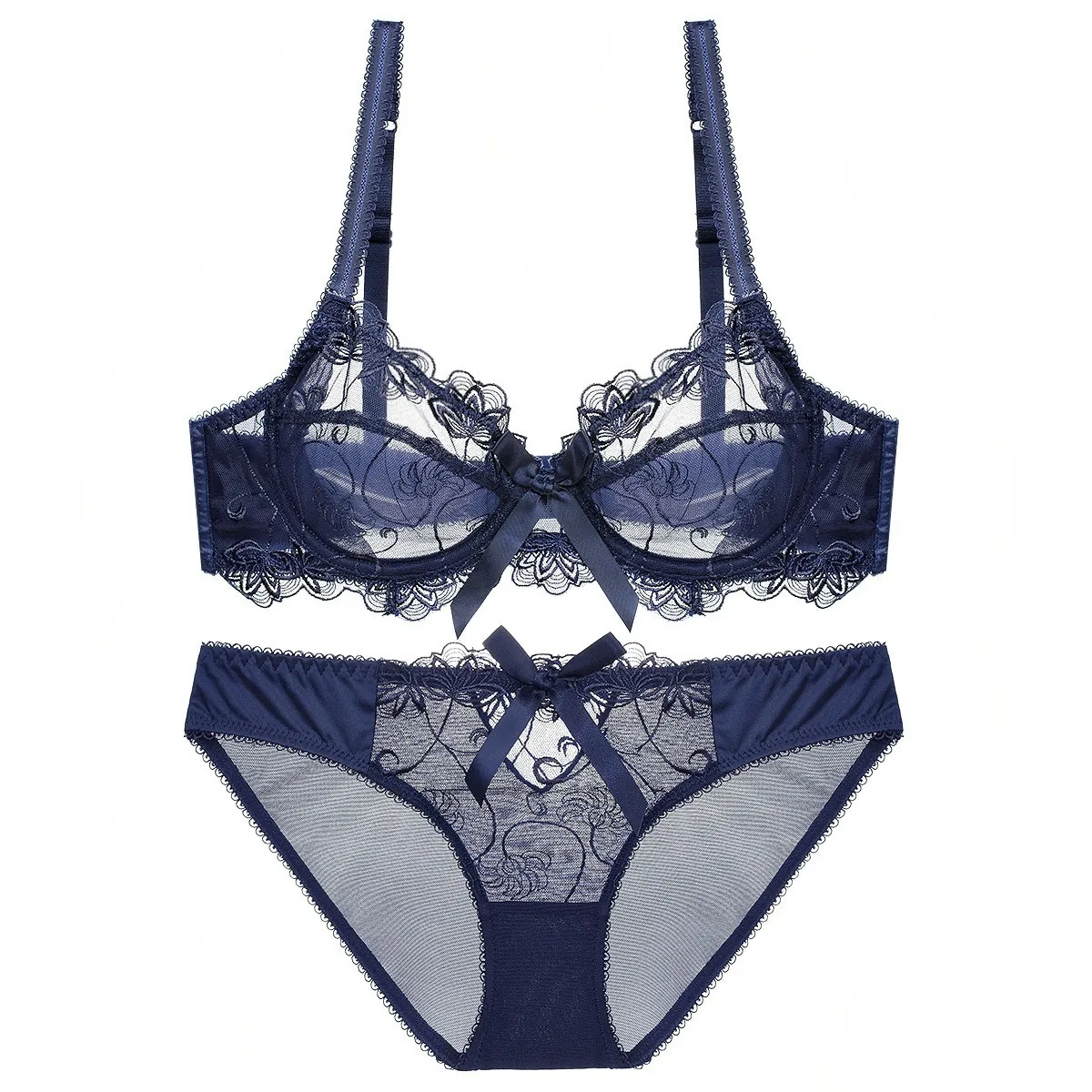Sexy Ultra Thin Transparent Floral Lace Bra and Panty Collection For Women Embroidery Underwear Lingerie with Bow