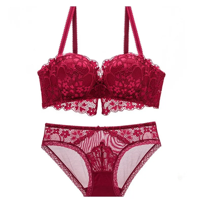 Lingerie Sexy en Dentelle Florale de Style Français pour Femmes Soutien-Gorge Push Up Respirant Culotte Top And Bottom