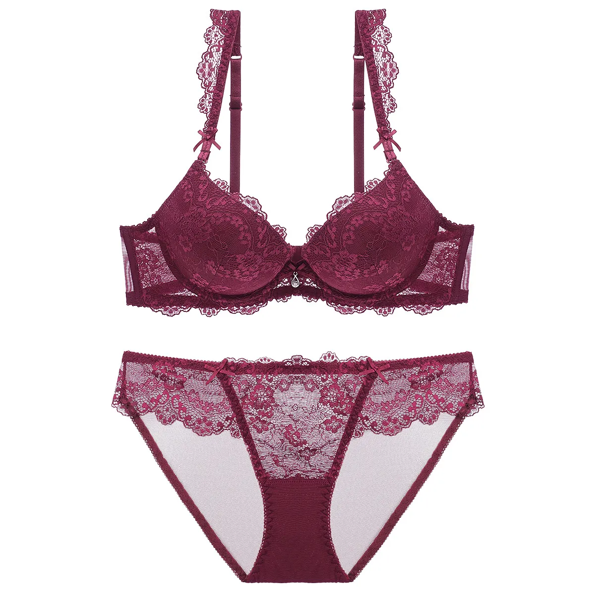 Sexy Set Intimo Donna Top And Bottom Ricamato in Pizzo Reggiseno e Mutandine Push Up con Ciondolo in Strass Spalline Regolabili Lingerie