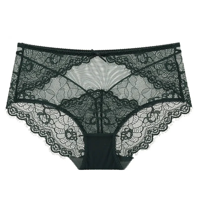 Women Sexy Lace Panties Transparent Mesh Floral Briefs Mid High Waist Hip Lifting Breathable Lingerie For Ladies