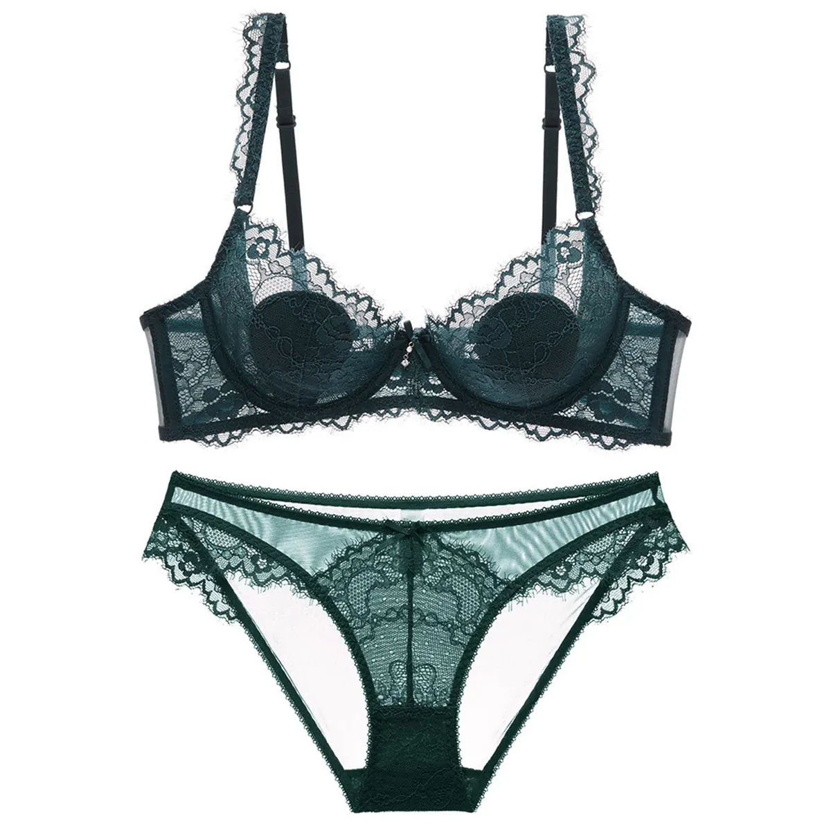 Sexy Lace Transparent Bra And Panties Floral Embroidery Breathable Push Up Minimizer Underwire Lingerie For Women