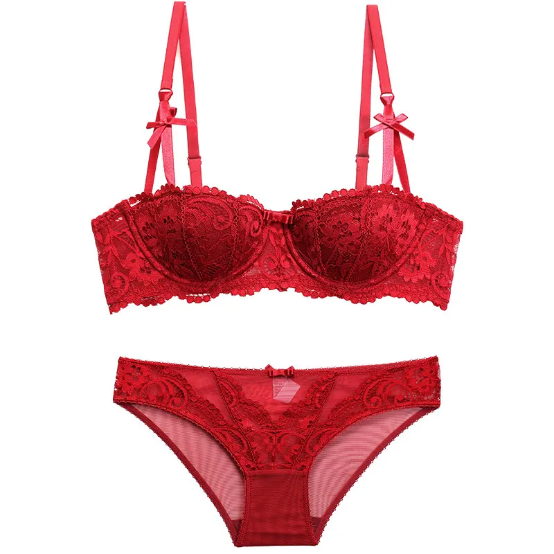 Women's Sexy Lace Lingerie Set Floral Vine Jacquard Bra And Panty Set Half Cup Push Up Underwire Lingerie With Bow Decor