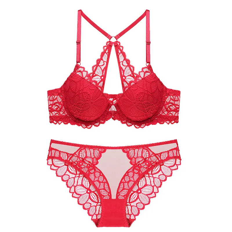 Sexy Women Lace Lingerie Front Closure Push Up Bra And Panties Floral Embroidery Cross Back Underwired Breathable Lingerie