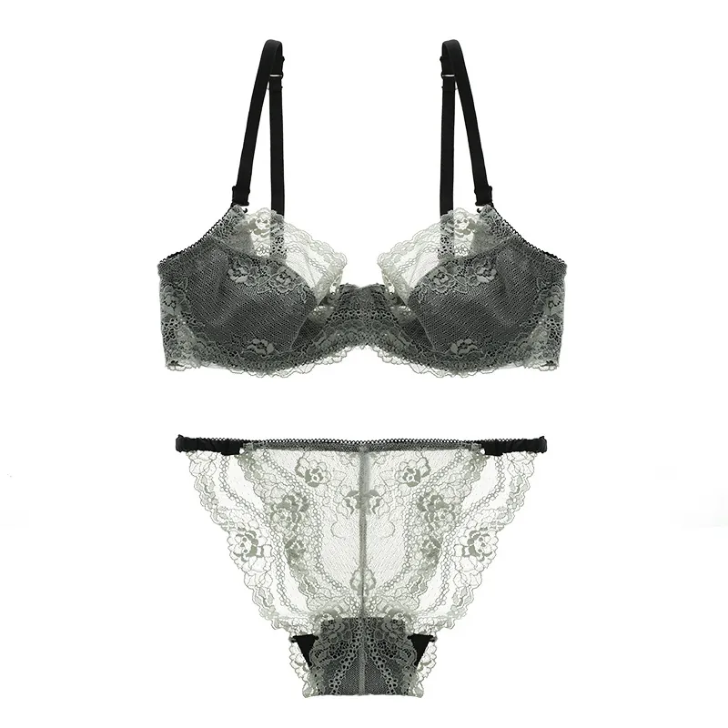 French Style Sexy Ultra Thin Transparent Lace Bra And Panties Top And Bottom For Women Floral Embroidery Underwear Lingerie