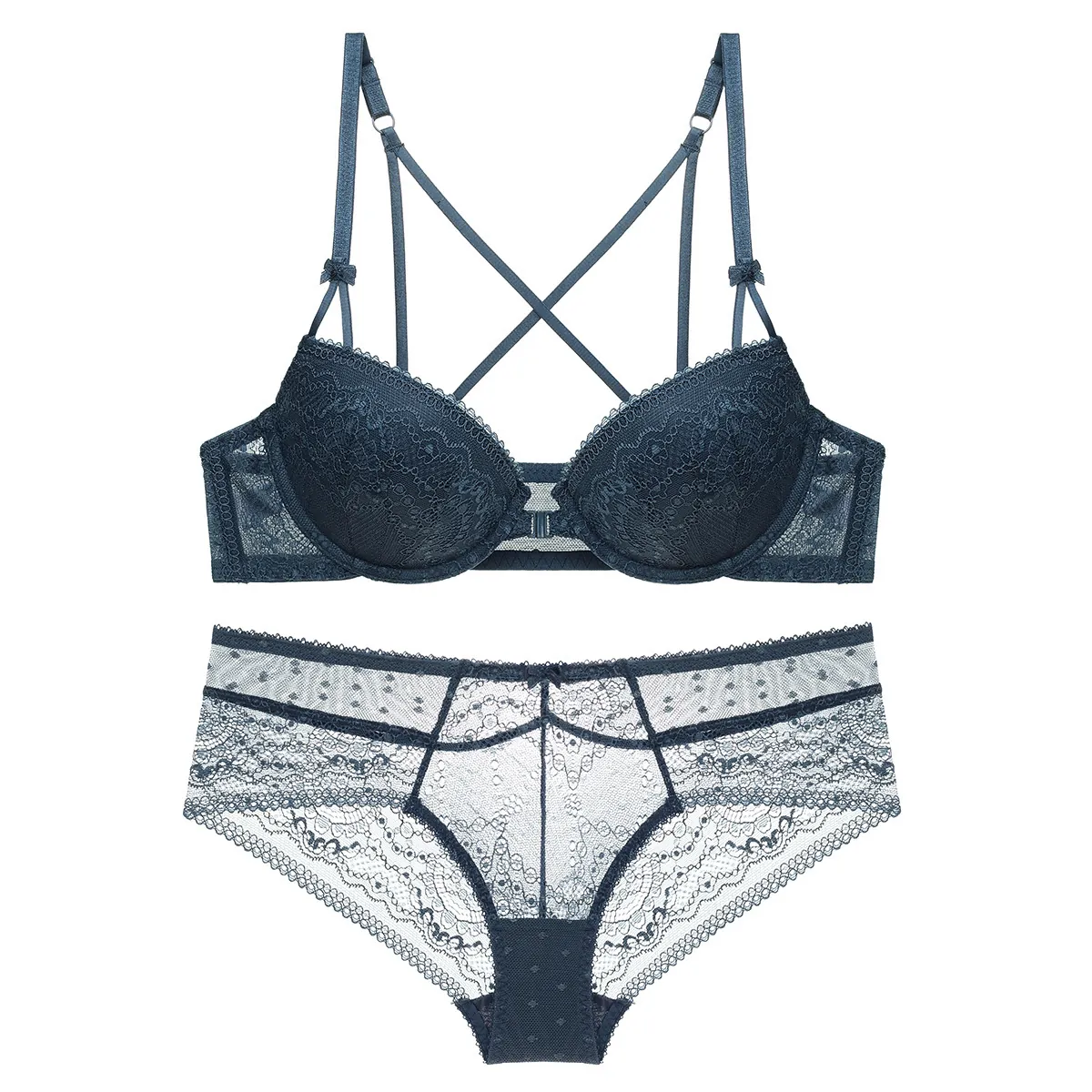 French Sexy Lace Lingerie Nylon Spandex Gathering Front Closure Underwear For Women Top And Bottom Comfortable Breathable Bras Panties Set